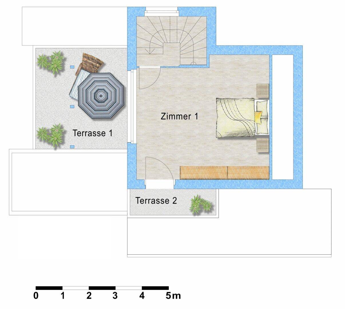 Grundriss des Dachgeschosses mit einem Schlafzimmer und zwei Terrassen.