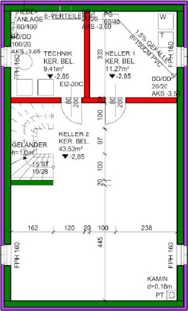 Grundriss des Kellergeschosses mit Technikraum und zwei Kellerräumen.