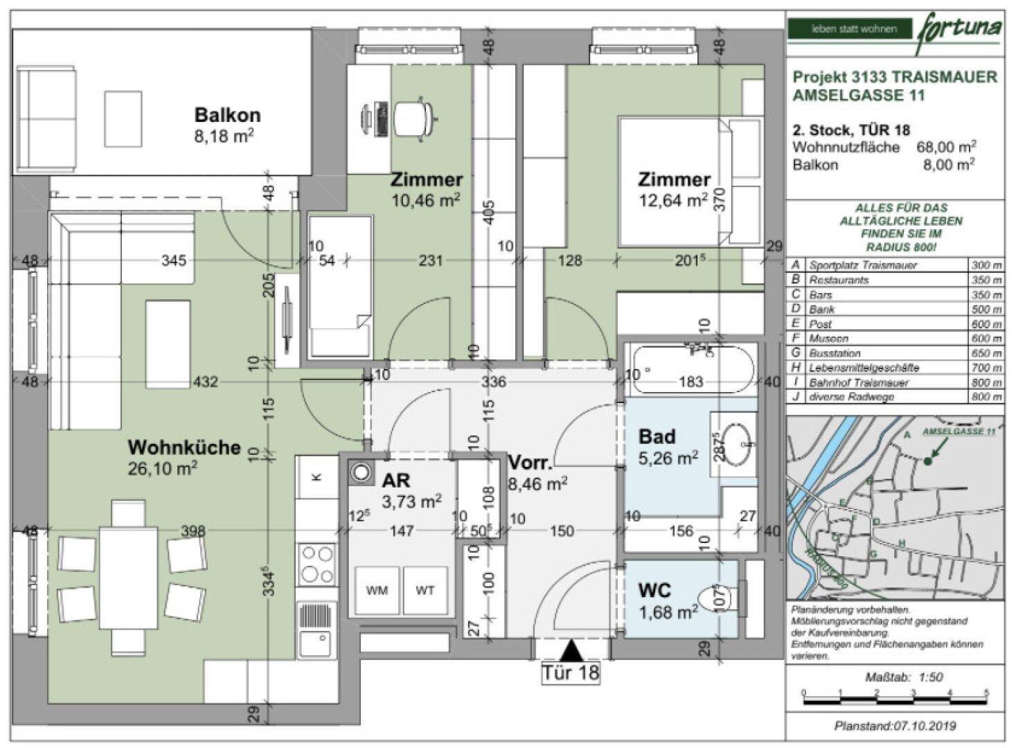 Grundriss einer Wohnung mit Wohnküche, zwei Zimmern, Bad und Balkon, 68m² Wohnfläche.