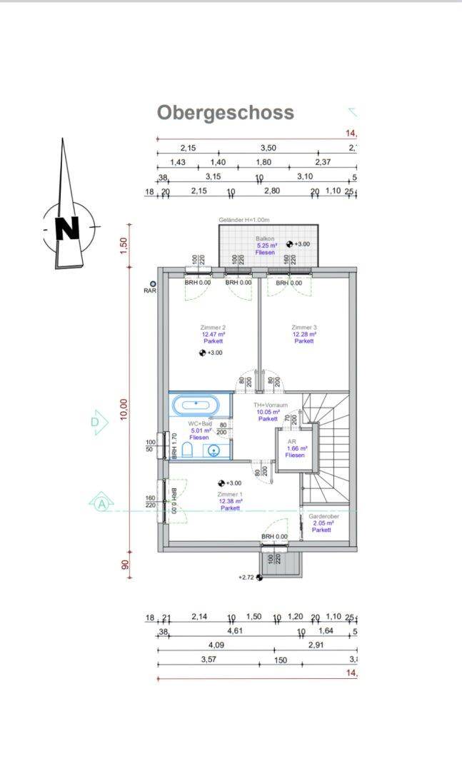 Grundriss des Obergeschosses mit Schlafzimmern, Badezimmer und einem Balkon.