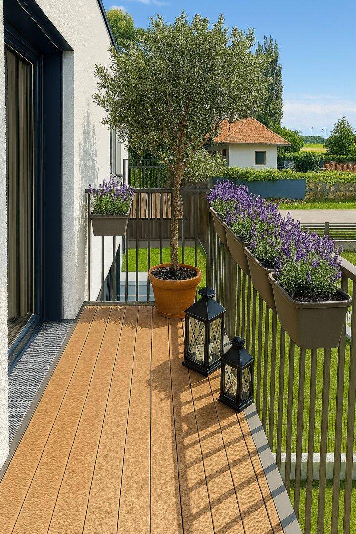 Attraktiver Balkon mit Holzboden, Olivenbaum und Lavendelpflanzen, ideal zum Entspannen.