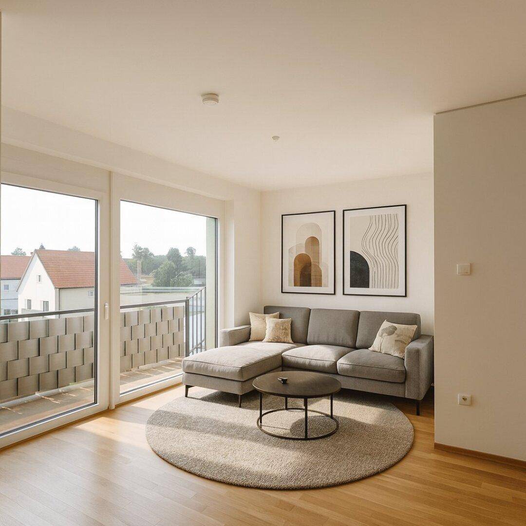 Helles Wohnzimmer mit modernem Sofa, Holzboden und großen Fenstern mit Balkonzugang.