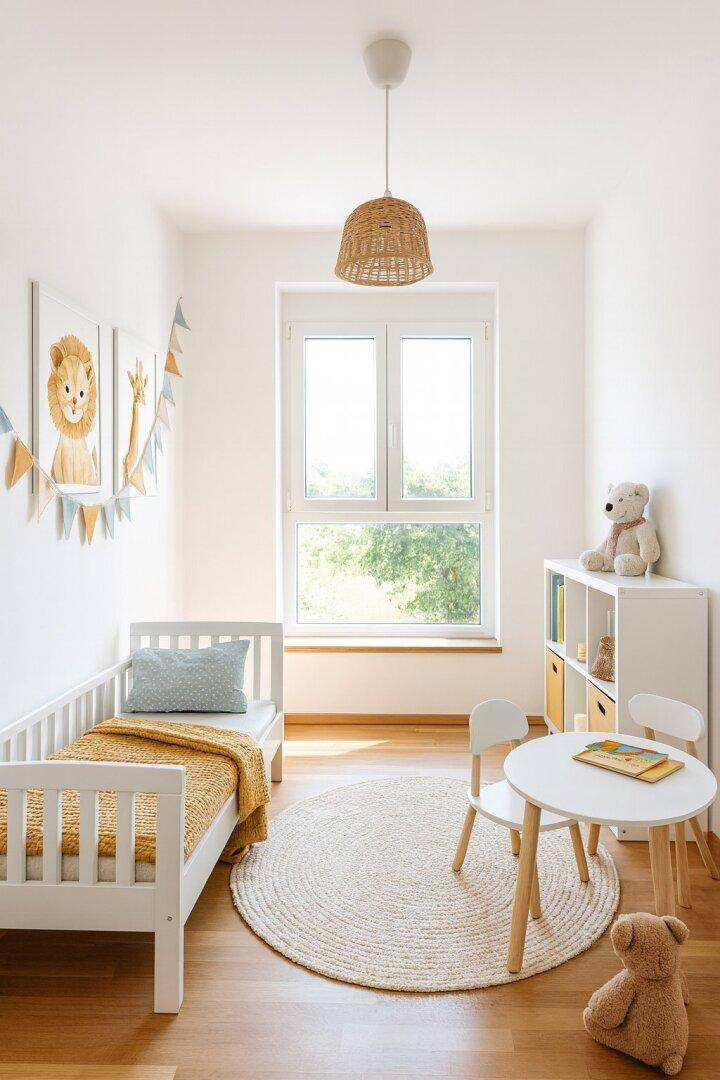 Helles Kinderzimmer mit Holzboden, kleinem Bett und Spielbereich am Fenster.