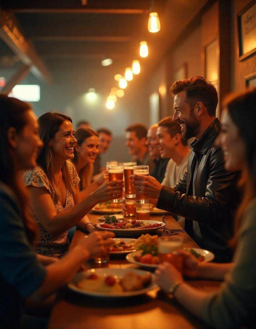 Freunde stoßen mit Bier an einem langen Holztisch an, umgeben von warmer Beleuchtung und fröhlicher Stimmung.