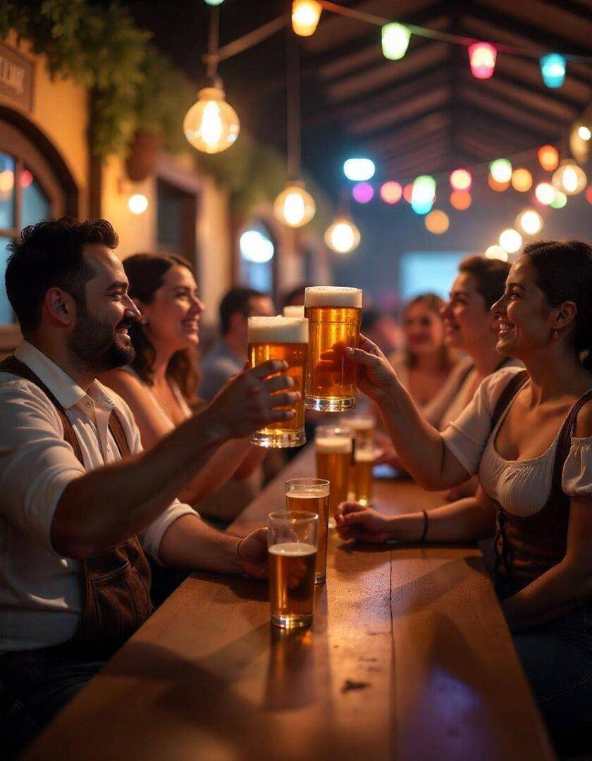 Festliche Stimmung mit Gästen in Tracht, die an einem Holztisch mit bunten Lichtern auf Bier anstoßen.