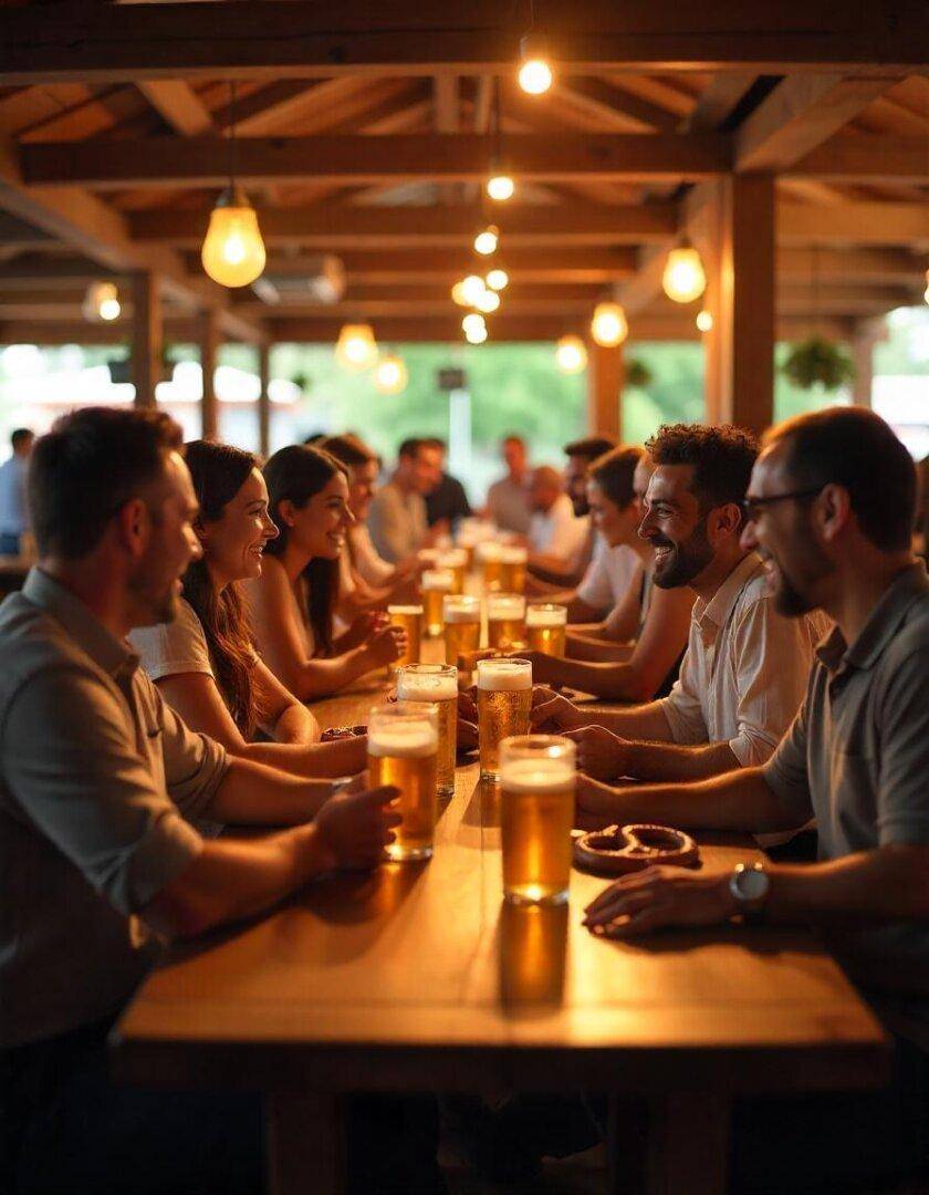 Eine große Gruppe genießt Bier und Brezeln an einem langen Holztisch in einem gemütlichen Ambiente.