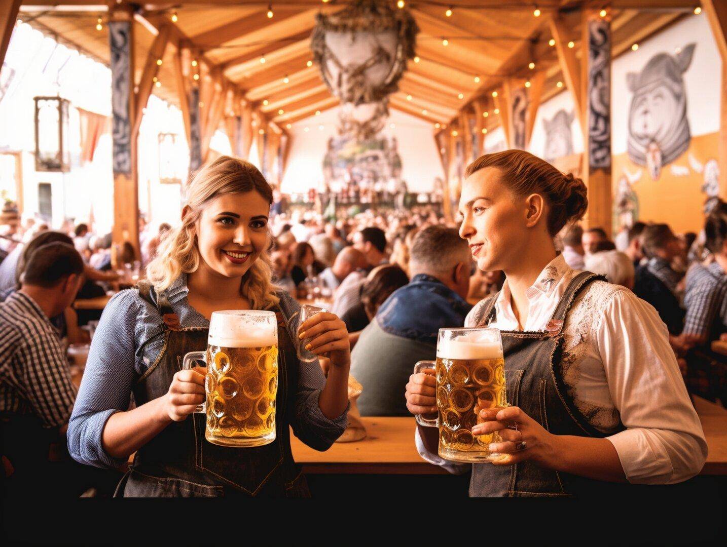 Zwei Frauen in Dirndln halten große Bierkrüge in einem festlich geschmückten Zelt voller Menschen.