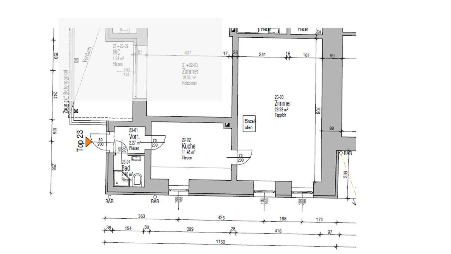 Grundrissplan einer Wohneinheit mit Zimmer, Küche, Bad und separatem WC.