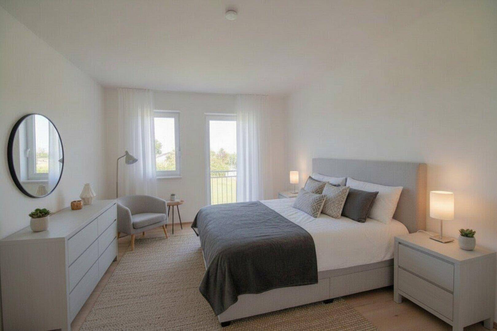 Ruhiges Schlafzimmer in hellen Grautönen mit Doppelbett, Kommode und Fenstern mit Blick ins Grüne.