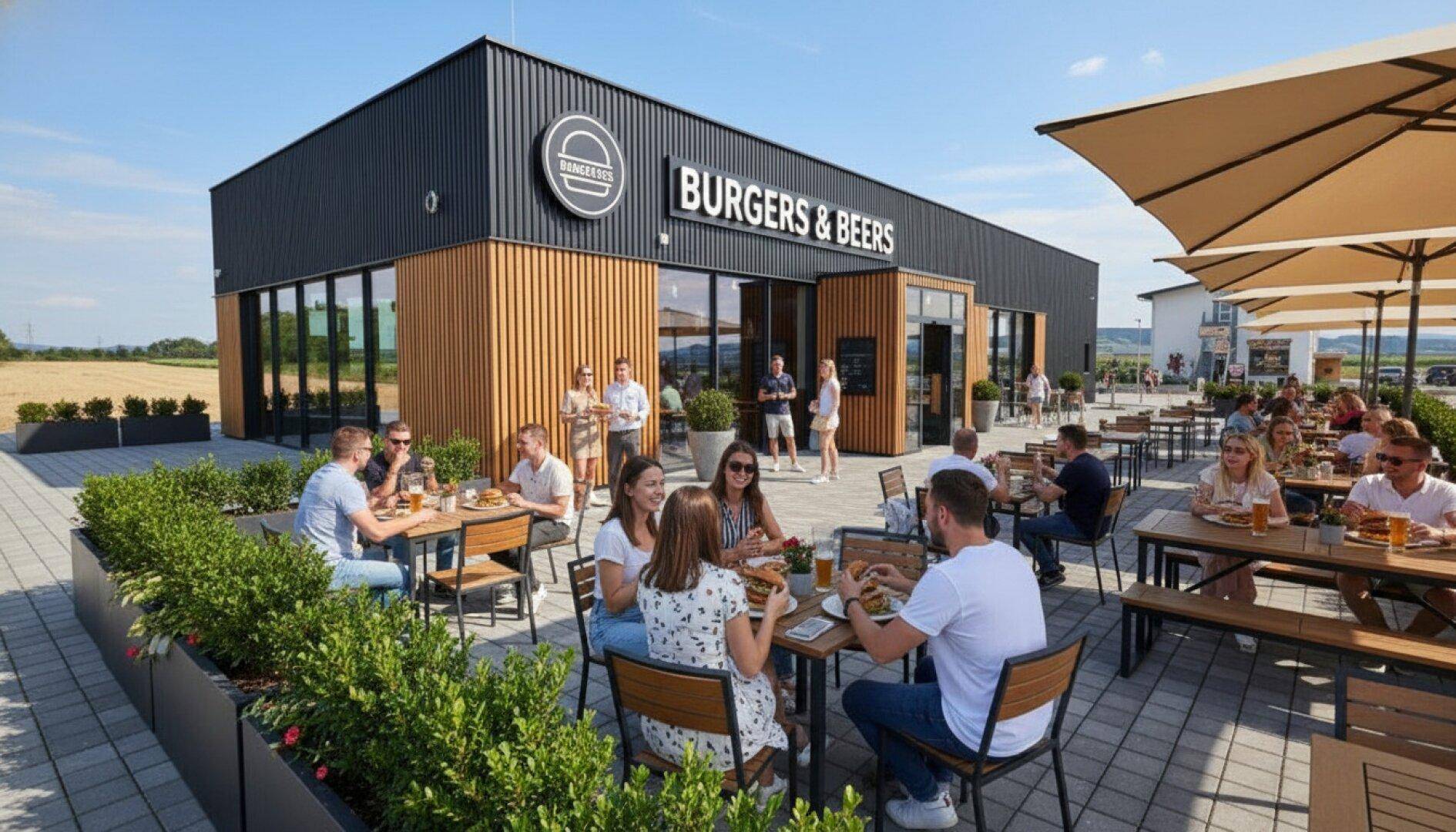 Belebte Außenterrasse eines modernen Restaurants mit vielen Gästen, die unter Sonnenschirmen speisen.