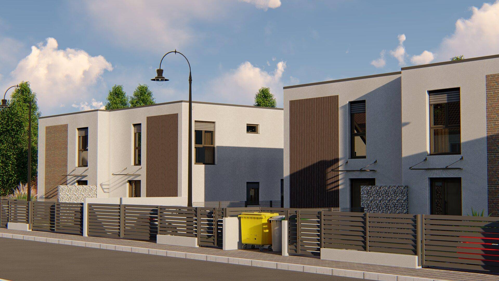 Moderne Reihenhäuser mit schlichter Fassade, großen Fenstern und Rollläden an einer ruhigen Straße.