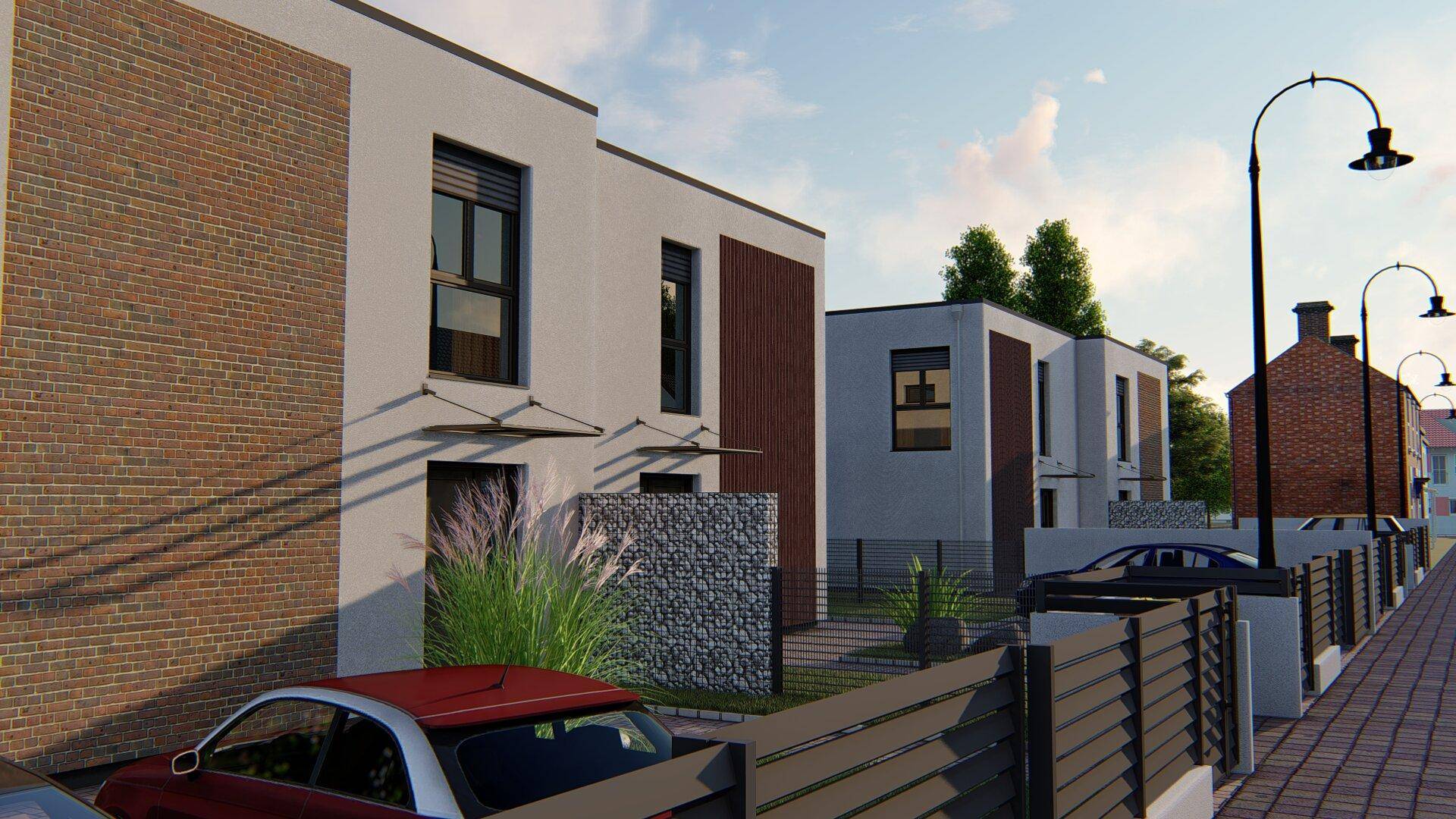 Ansicht moderner Reihenhäuser mit Klinkerfassade, großen Fenstern und gepflastertem Gehweg.
