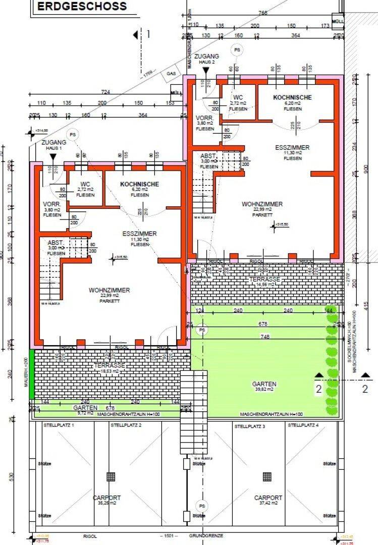 Grundriss des Erdgeschosses mit Wohnzimmer, Kochnische, Esszimmer und Garten.