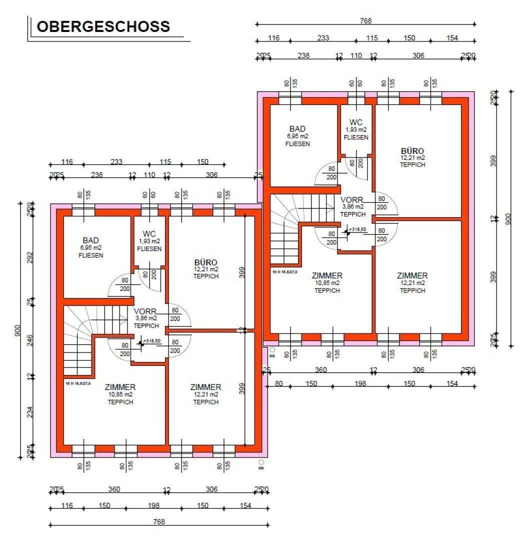 Grundriss des Obergeschosses mit Schlafzimmern, Büro und Badezimmer.