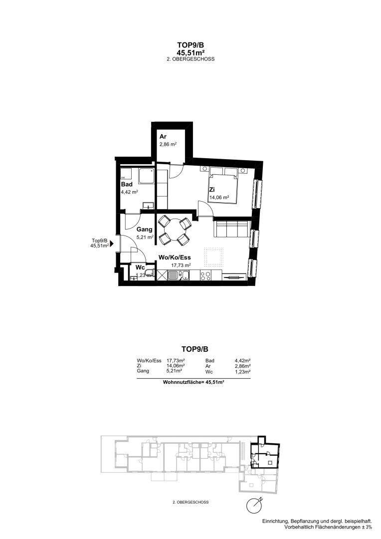 Grundriss der Wohnung TOP9/B im 2. Obergeschoss mit 45,51m² Wohnnutzfläche.