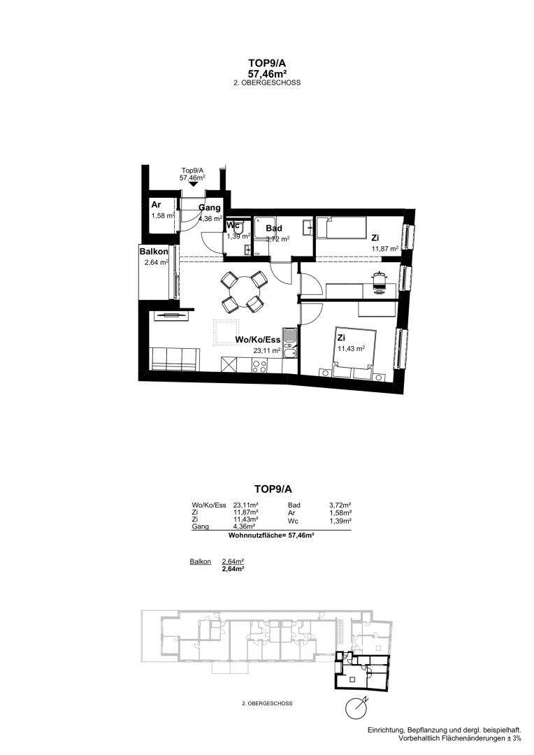 Grundriss einer Wohnung im zweiten Obergeschoss mit Balkon und offenem Wohnbereich.