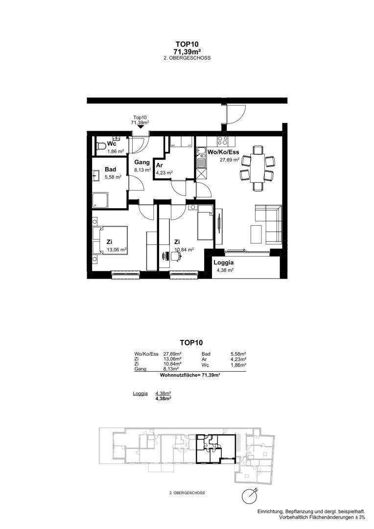 Grundriss der Wohnung TOP10 im 2. Obergeschoss mit Loggia und offenem Wohnbereich.
