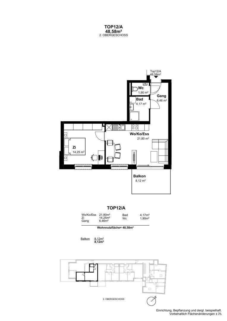 Grundriss einer 48,58 m² großen Wohnung im zweiten Obergeschoss mit Balkon.