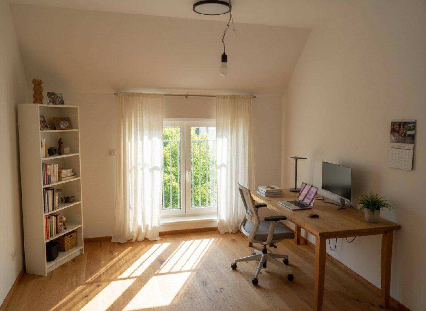 Helles Arbeitszimmer mit Holzboden, großem Fenster und Blick ins Grüne, ideal für Home-Office.