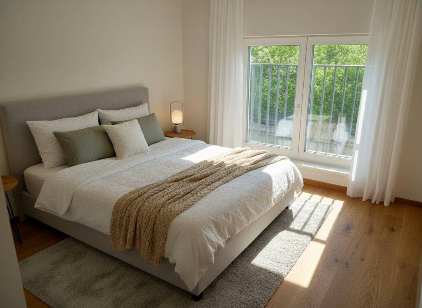 Gemütliches Schlafzimmer mit Holzboden, großem Fenster und viel natürlichem Licht.
