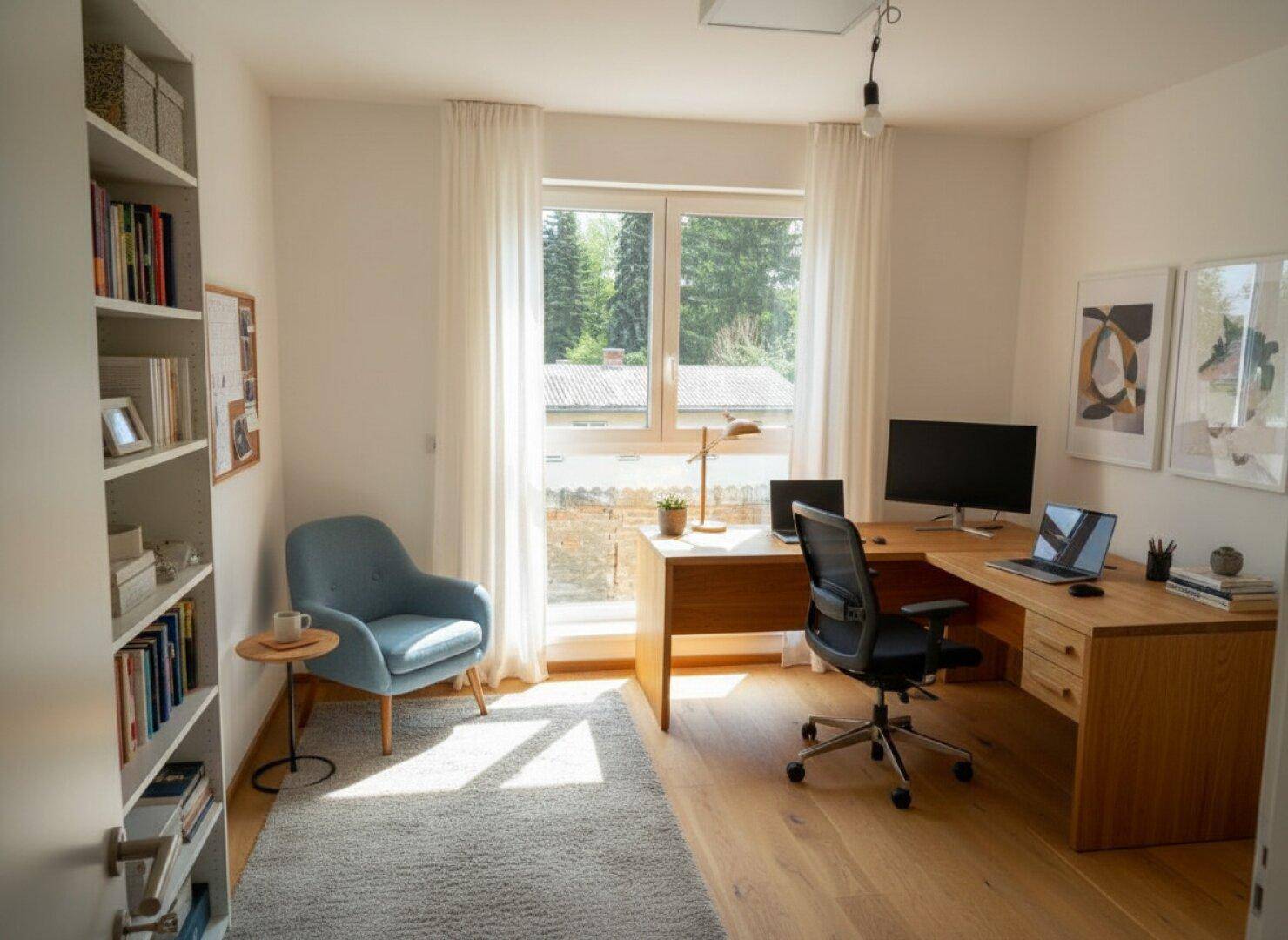 Helles Arbeitszimmer mit Holzboden, großem Fenster und Blick auf die Umgebung.