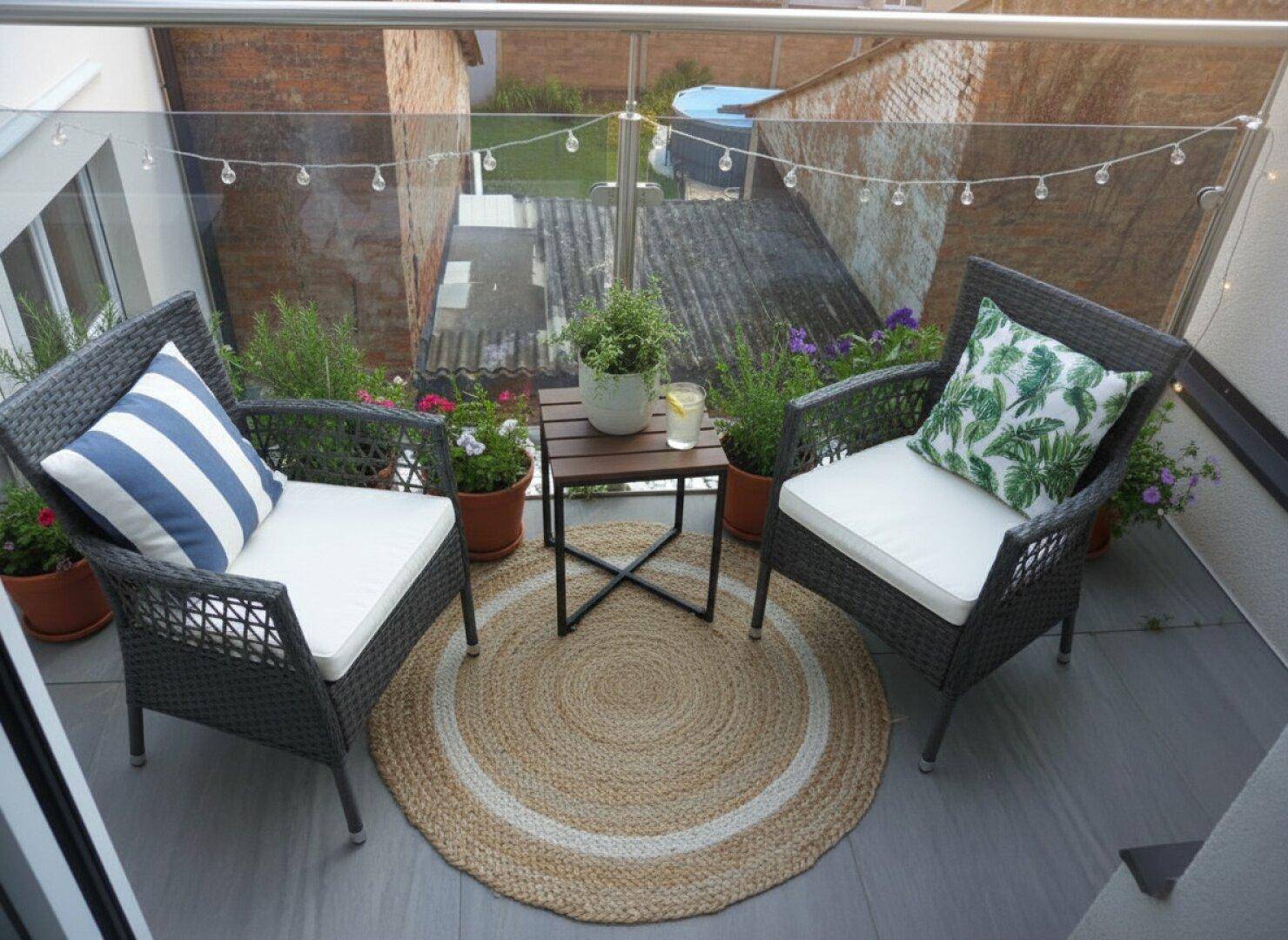 Gemütlicher Balkon mit Sitzgelegenheiten, Pflanzen und stimmungsvoller Beleuchtung.