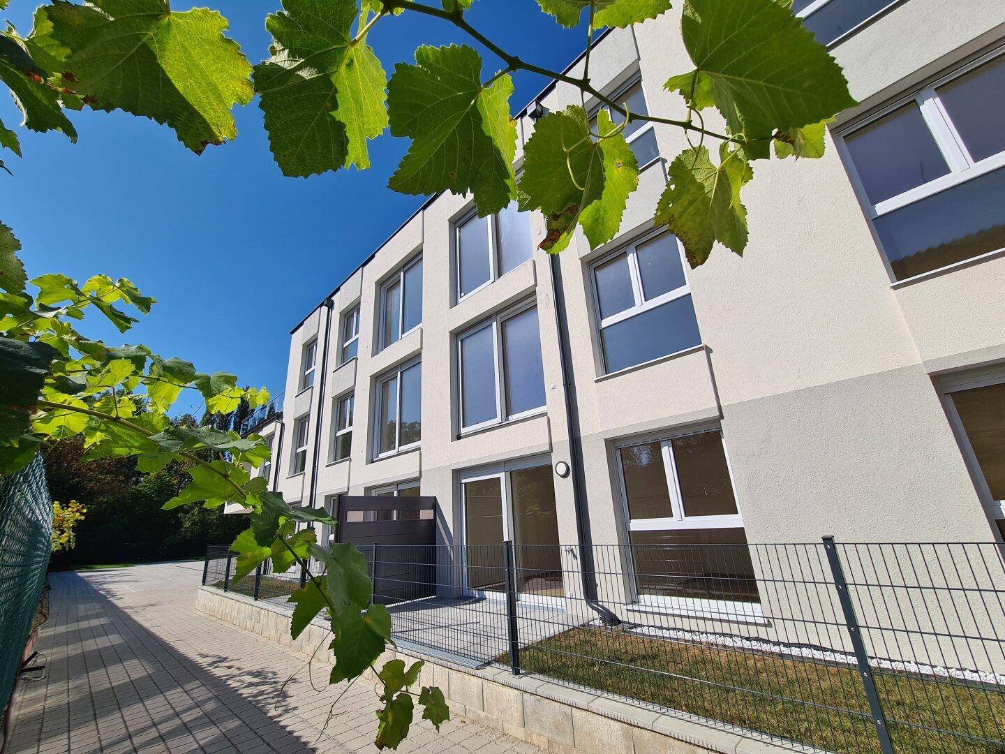 Fassade eines modernen Wohngebäudes mit großen Fenstern und kleinen Terrassen im Erdgeschoss.