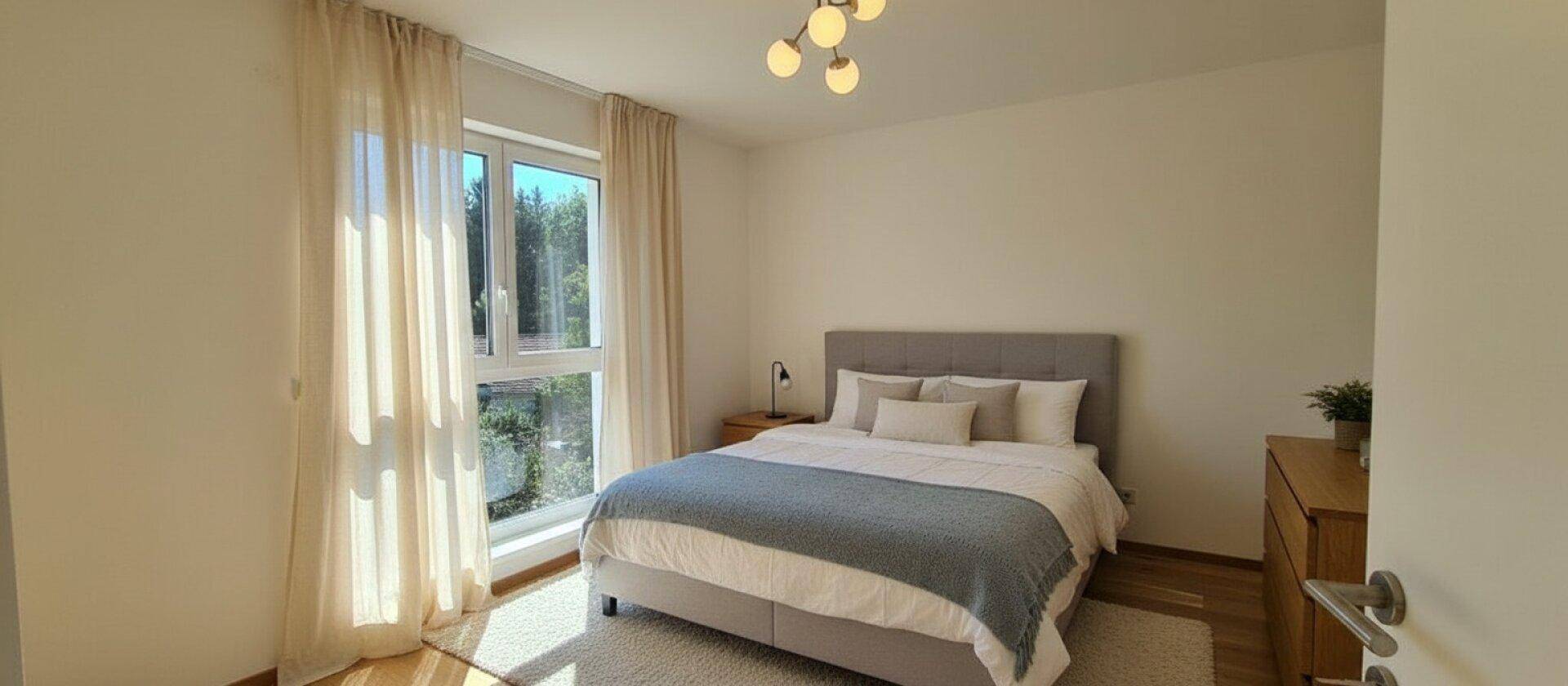 Gemütliches Schlafzimmer mit Doppelbett, Holzboden und großen Fenstern für viel Tageslicht.