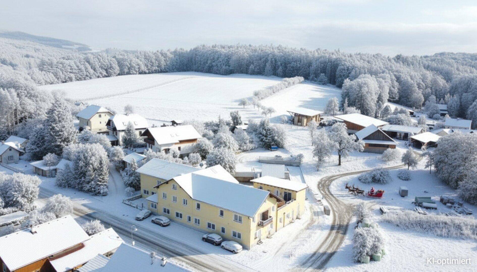Luftaufnahme eines verschneiten Dorfes mit Häusern und Wäldern in einer idyllischen Winterlandschaft.