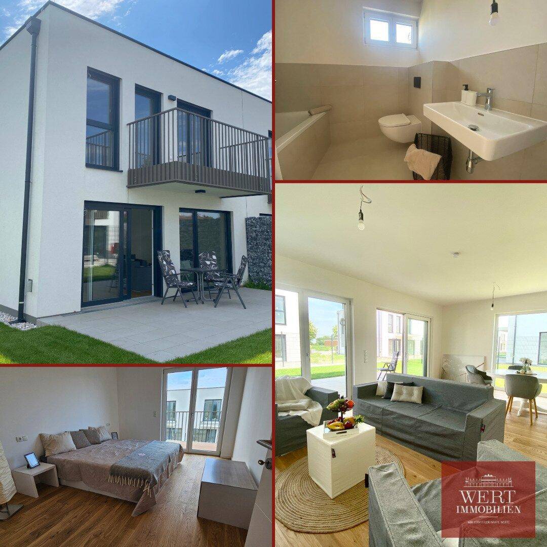 Moderne Wohnimmobilie mit heller Fassade, Balkon, Terrasse und lichtdurchfluteten Innenräumen wie Bad, Wohn- und Schlafzimmer.
