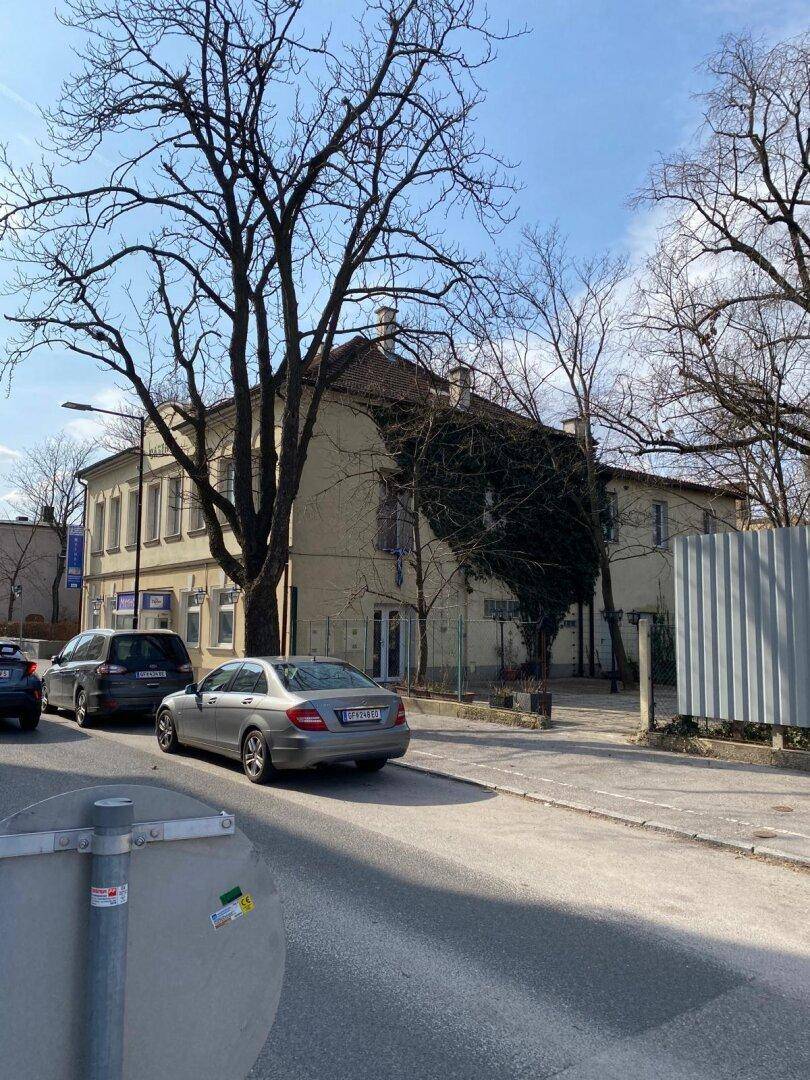 Seitenansicht des Gebäudes mit üppigem Efeu an der Fassade und parkenden Autos auf der Straße.