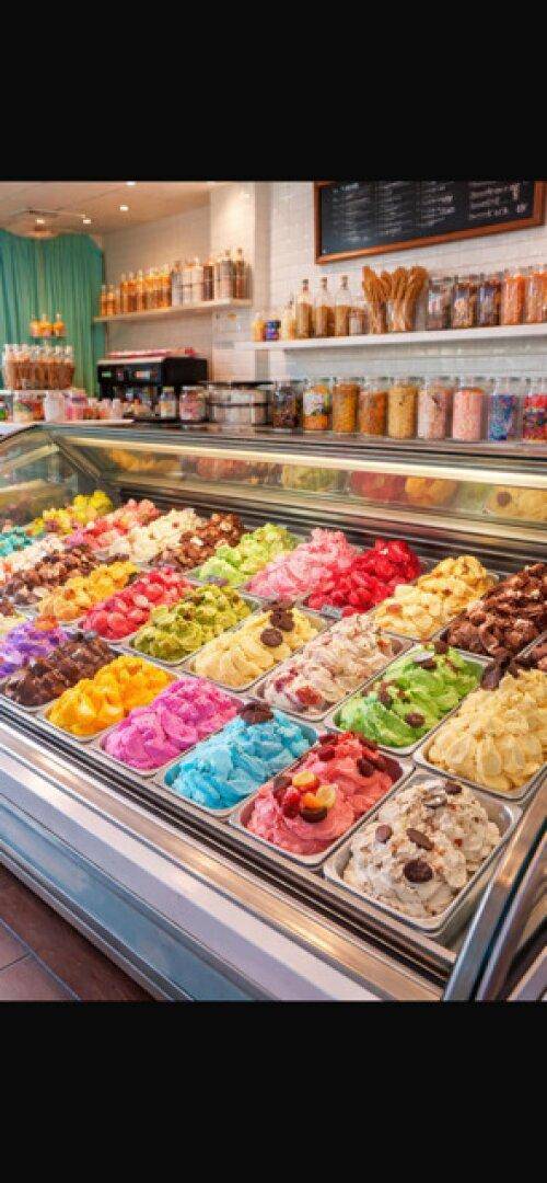 Große Auswahl an bunten Eissorten in einer Kühltheke in einem Eiscafé.