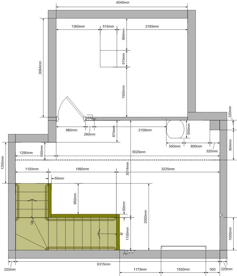Grundriss des Obergeschosses mit Schlafzimmer, Badezimmer und Treppenabgang.