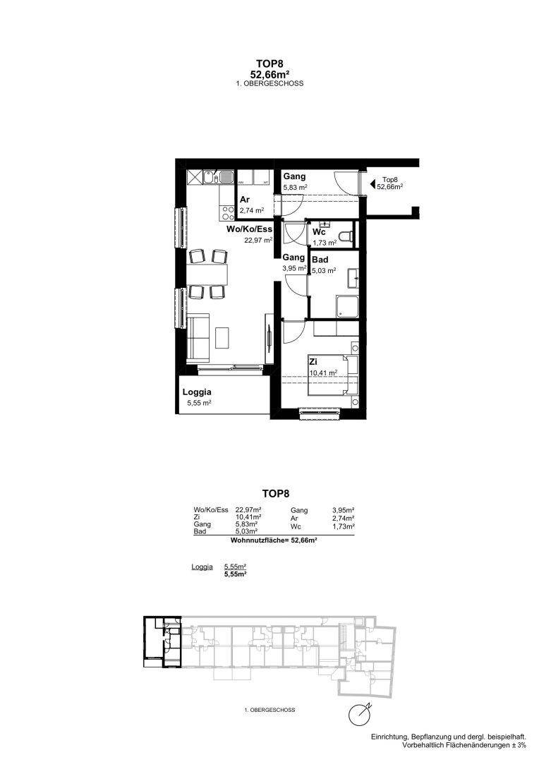 Grundriss der Wohnung TOP8 im Obergeschoss mit Loggia, offenem Wohnbereich und separatem WC.