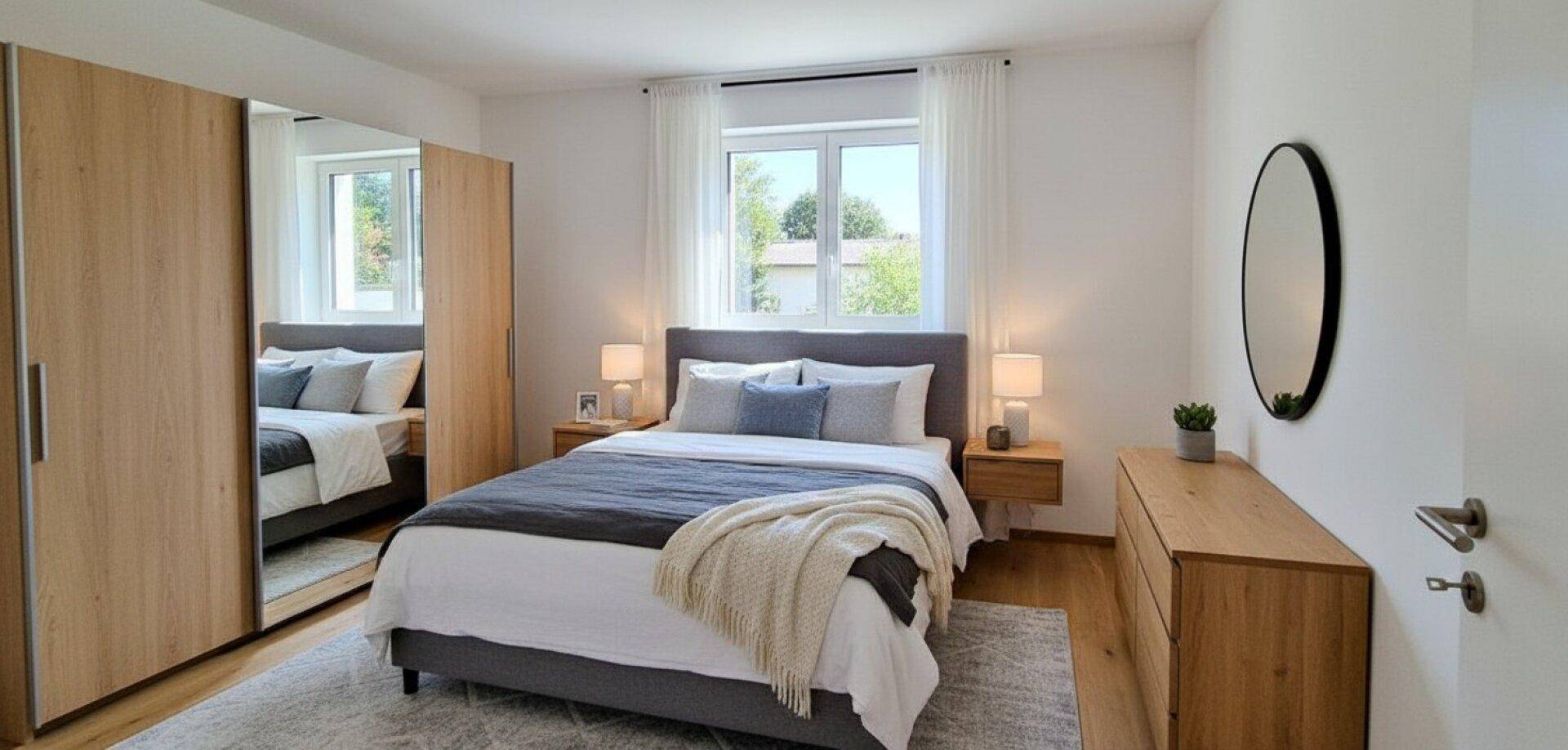 Gemütliches Schlafzimmer mit Doppelbett, Holzmöbeln und großem Kleiderschrank mit Spiegeltüren.