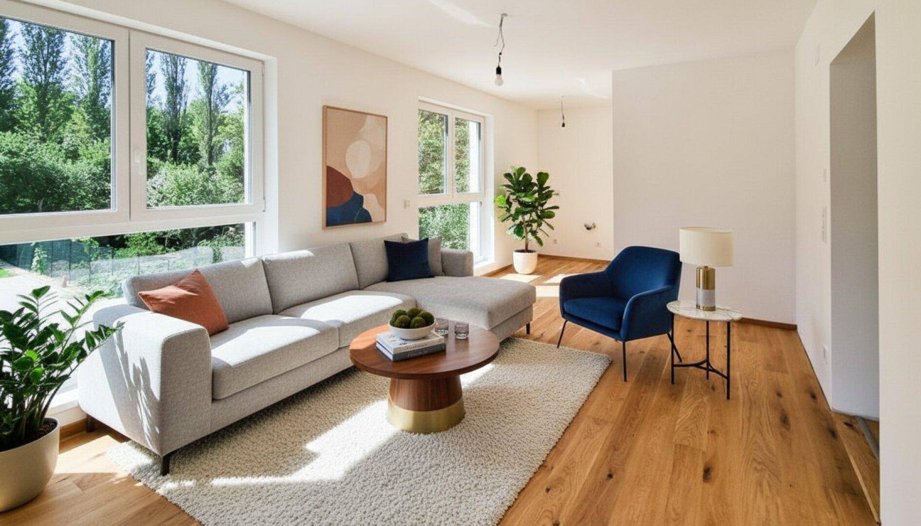 Helles Wohnzimmer mit modernem Sofa, Holzboden und großen Fenstern mit Blick ins Grüne.