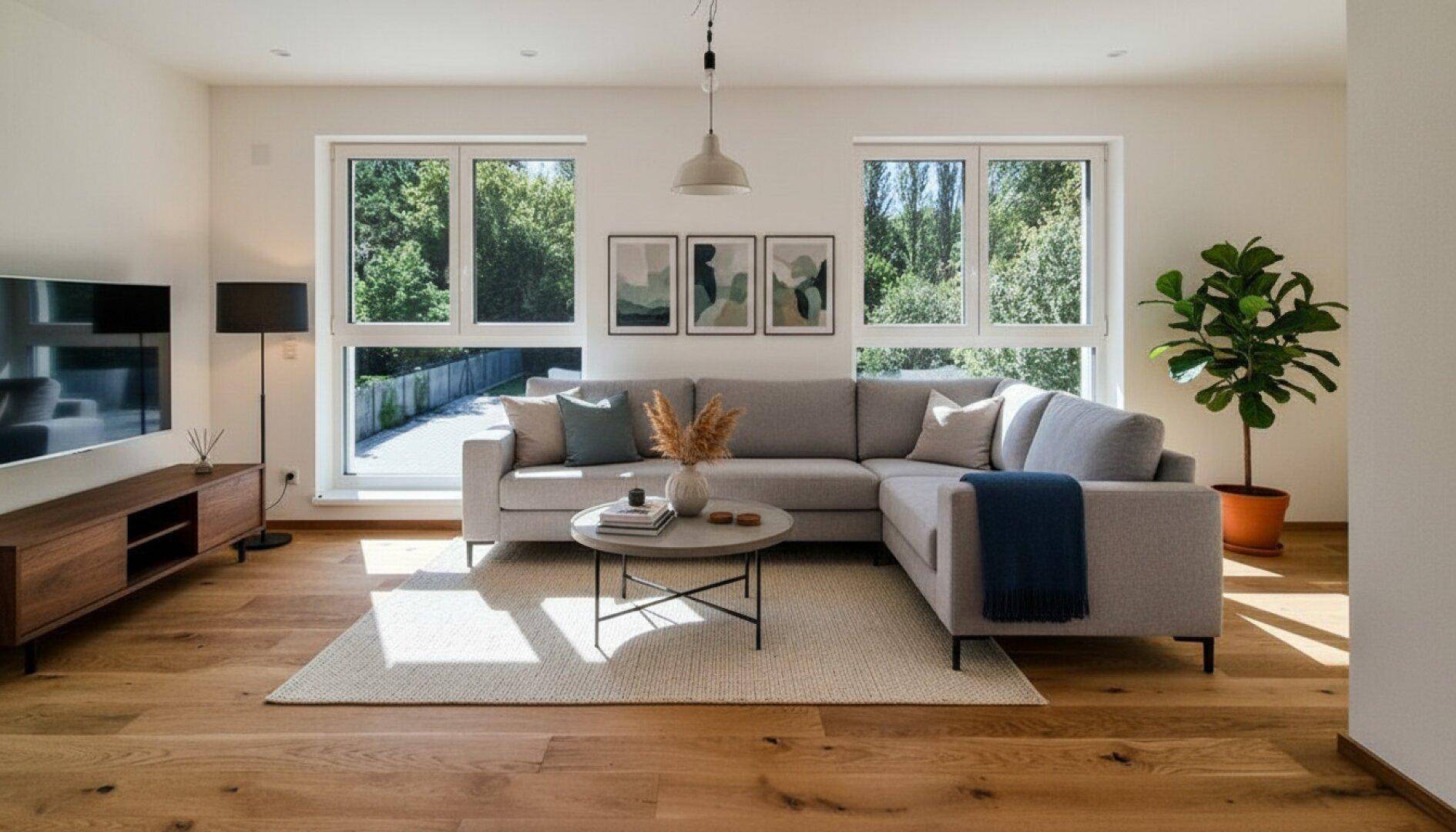 Modernes Wohnzimmer mit großem Ecksofa, Holzboden und hellen Fenstern mit Blick ins Grüne.