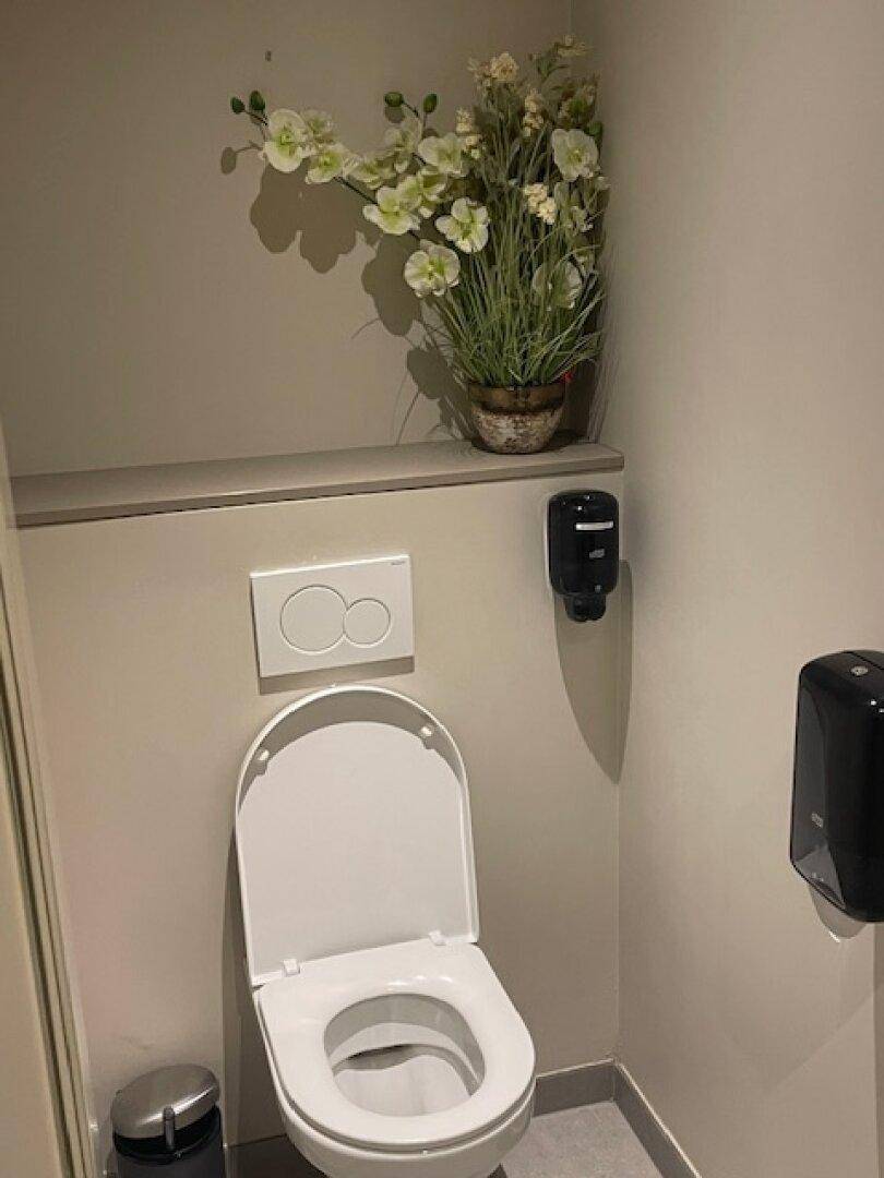 Kleine Toilette mit wandhängendem WC, Seifenspender und einer Dekoration mit Kunstblumen.