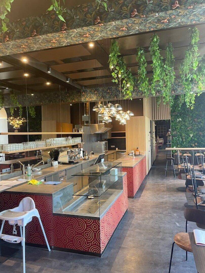 Geräumiger Restaurantbereich mit Theke, Sitzgelegenheiten, hängenden Pflanzen und moderner Beleuchtung.