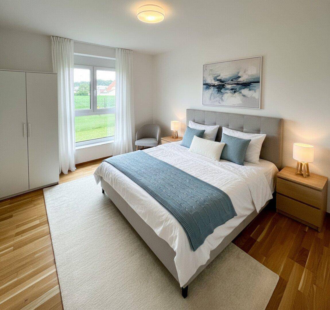 Modern eingerichtetes Schlafzimmer mit Doppelbett, Holzboden und großem Fenster mit Blick ins Grüne.