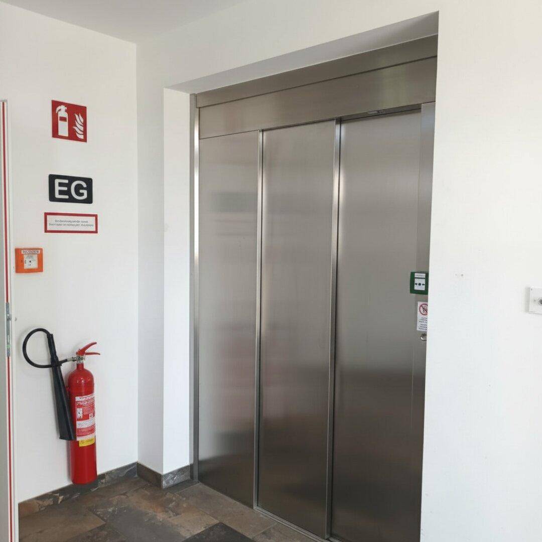 Edelstahlaufzug in einem hellen Flur mit Brandschutzvorrichtungen und modernem Fliesenboden.