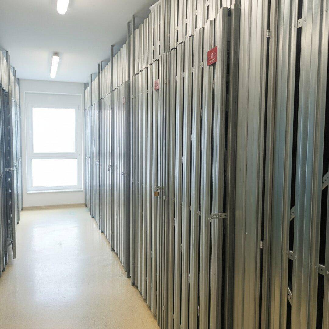 Heller Abstellraum mit vielen individuellen Lagerabteilen und einem Fenster für Tageslicht.