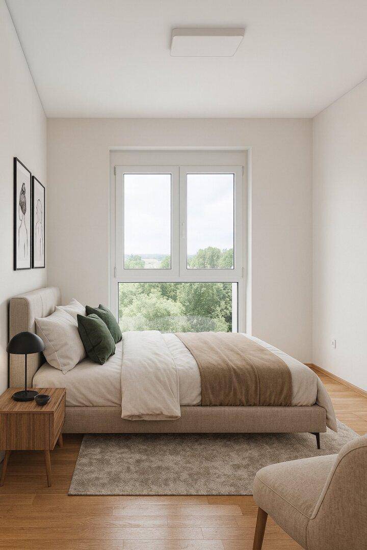 Helles Schlafzimmer mit modernem Design, Holzboden und großem Fenster mit Blick ins Grüne.