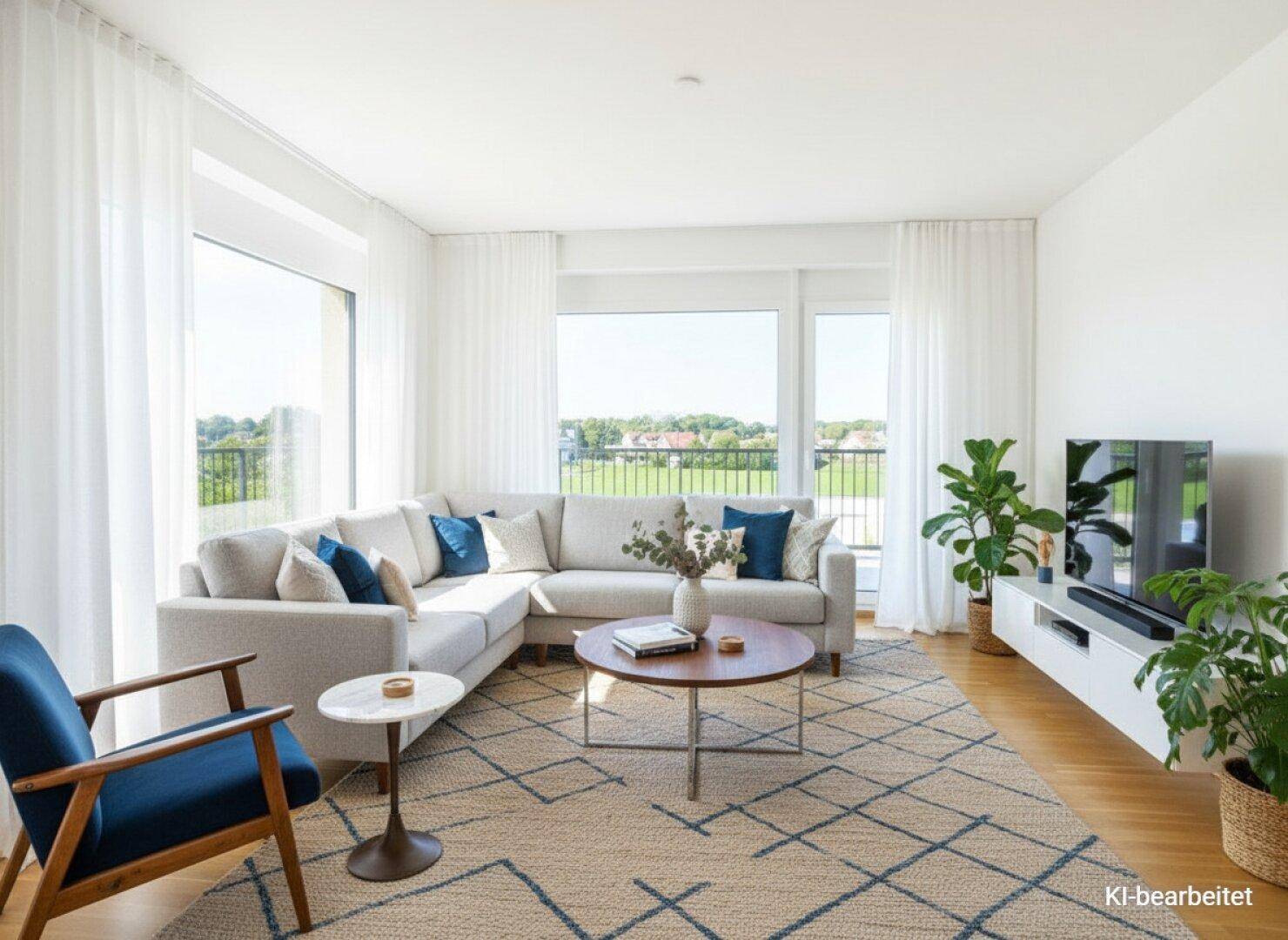 Modern eingerichtetes Wohnzimmer mit Ecksofa, Holzboden und Blick ins Grüne.