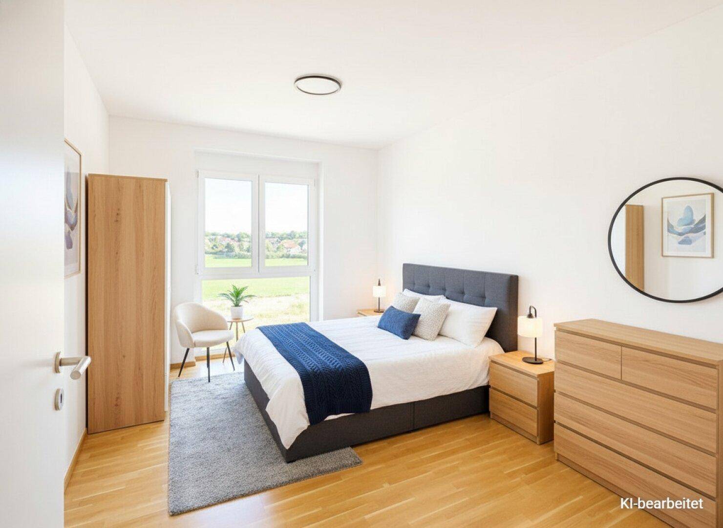 Gemütliches Schlafzimmer mit Doppelbett, Holzboden und Fenster mit Blick ins Grüne.