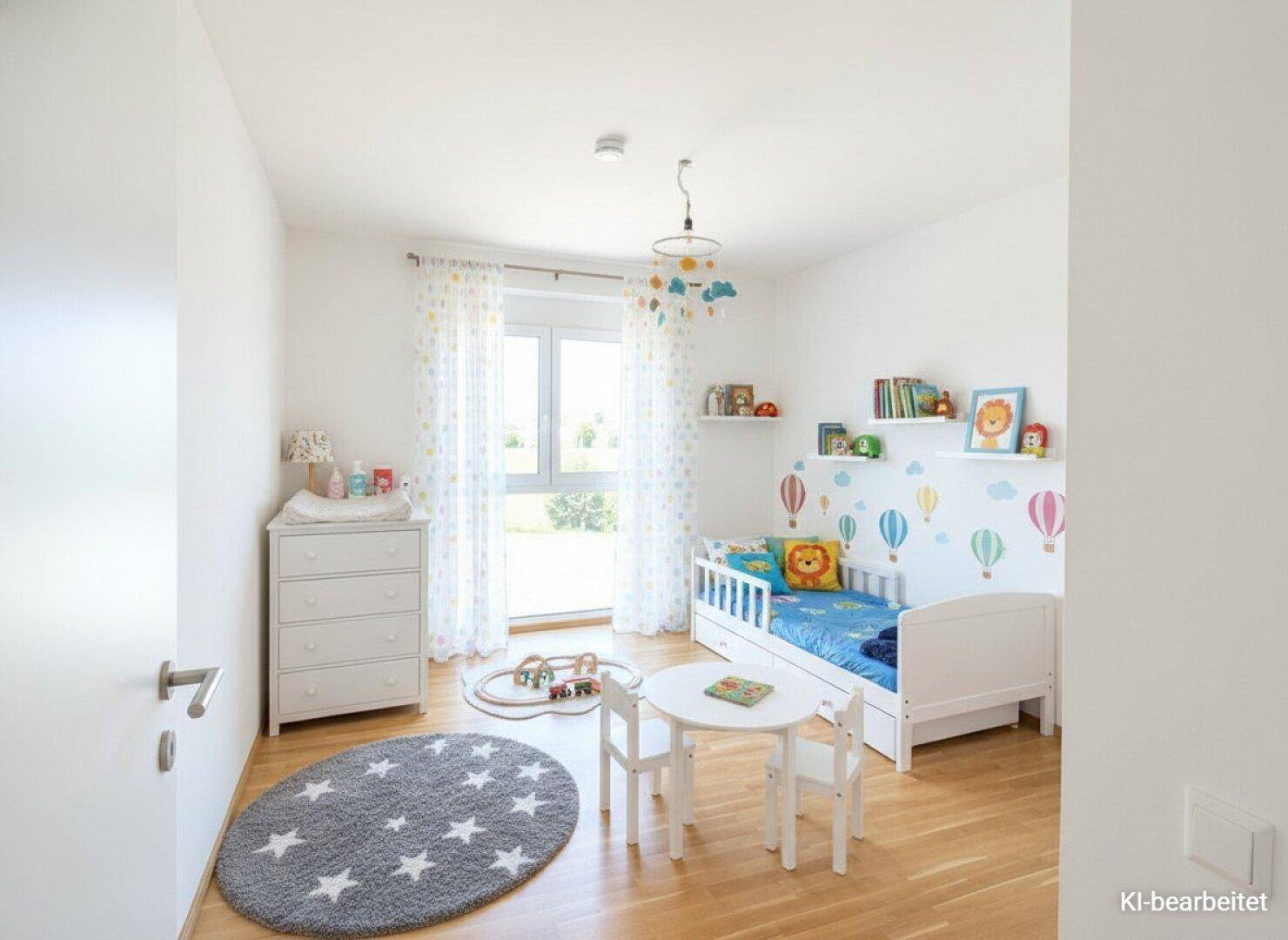 Freundliches Kinderzimmer mit Holzboden, Fenster und verspielter Wanddekoration, ideal für Kleinkinder.