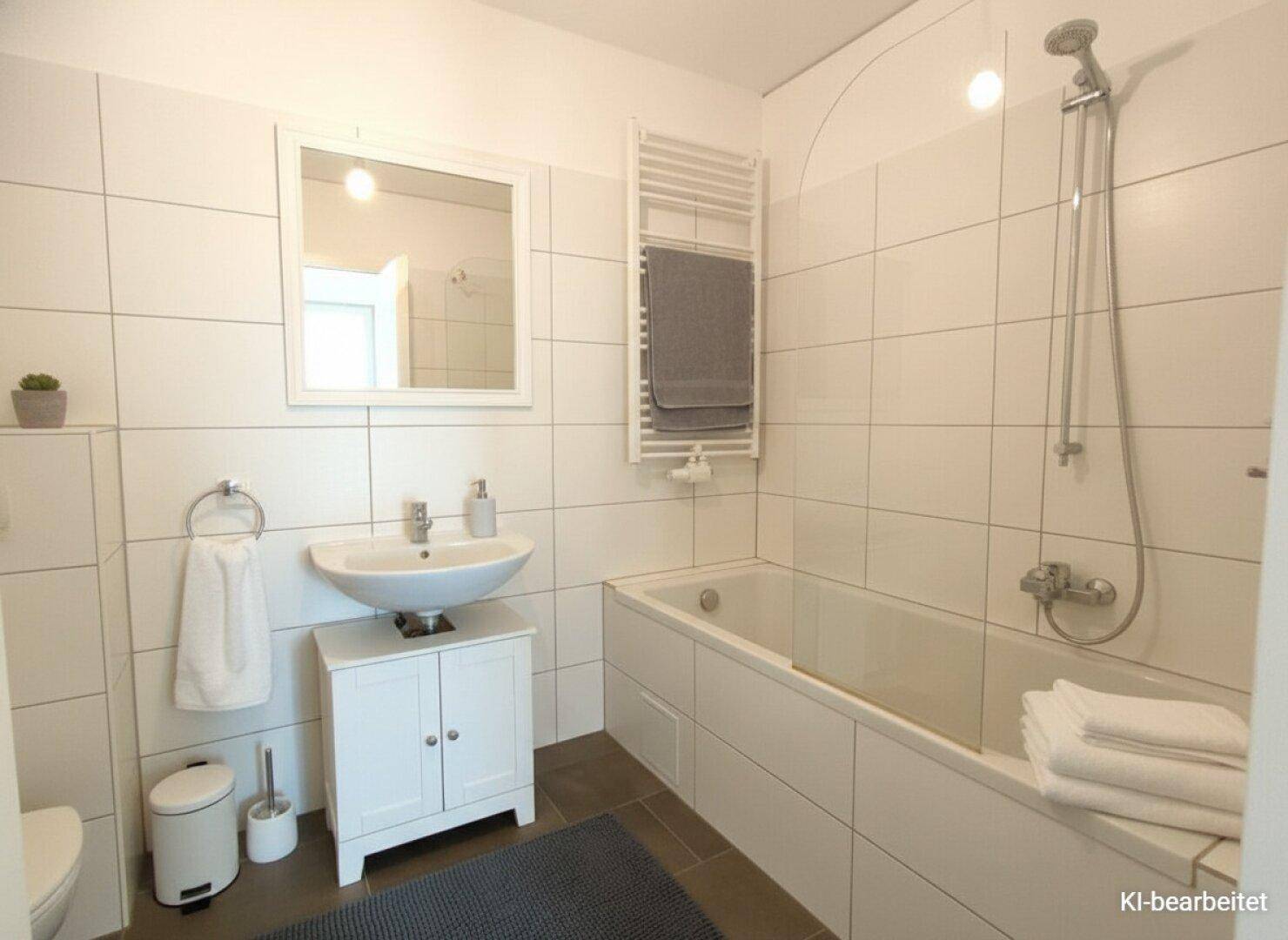 Modernes Badezimmer mit weißen Fliesen, Badewanne, Waschbeckenunterschrank und Spiegel.
