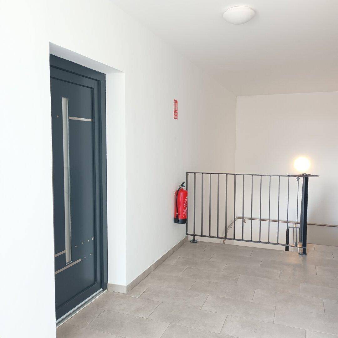 Eingangsbereich mit dunkler Tür, Fliesenboden und einem Feuerlöscher an der Wand.