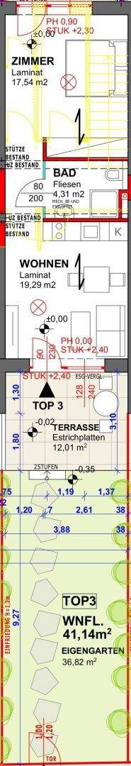 Detaillierter Grundriss mit Zimmer, Bad, Wohnbereich und Terrasse sowie Garten.