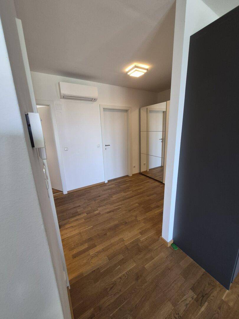 Heller Flur mit Holzboden, Klimaanlage und großem Spiegelschrank.